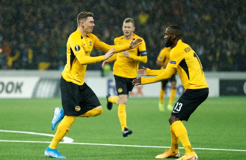 Soccer Football - Europa League - Group G - BSC Young Boys v FC Porto - Stade de Suisse, Bern, Switzerland - November 28, 2019 Young Boys' Christian Fassnacht celebrates scoring their first goal with Moumi Ngamaleu (photo credit: REUTERS/DENIS BALIBOUSE)