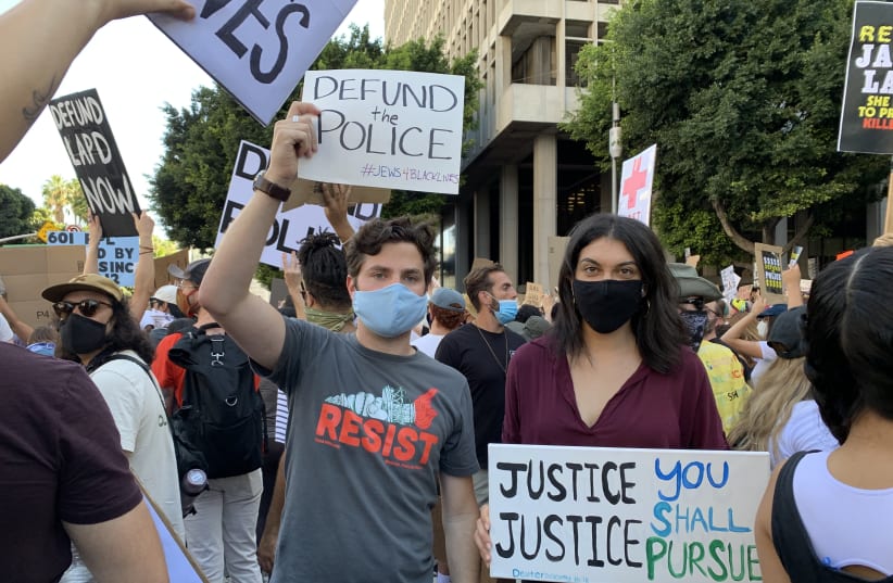 Rachel Sumekh, right, marches in Los Angeles with David Bocarsly, June 3, 2020 (photo credit: COURTESY/JTA)
