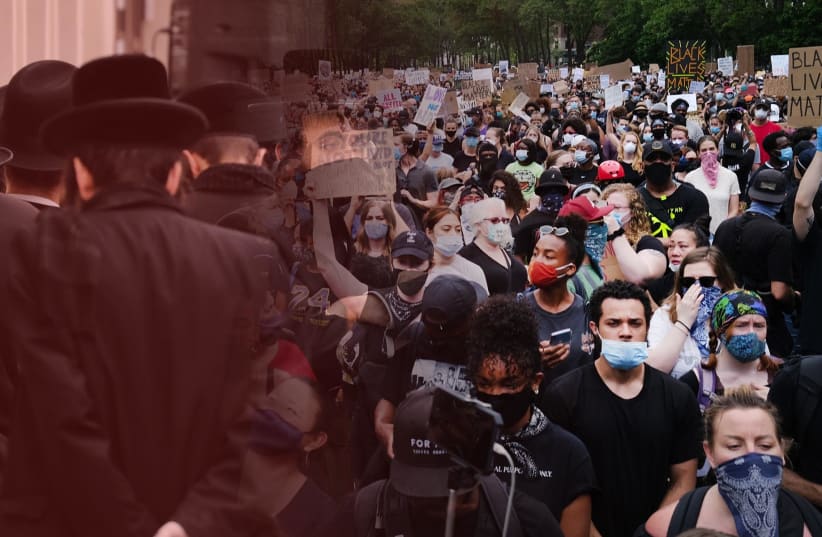 Orthodox Jews attend a funeral for a revered rabbi; protesters march against police brutality and racism (photo credit: SPENCER PLATT/GETTY IMAGES/JTA)