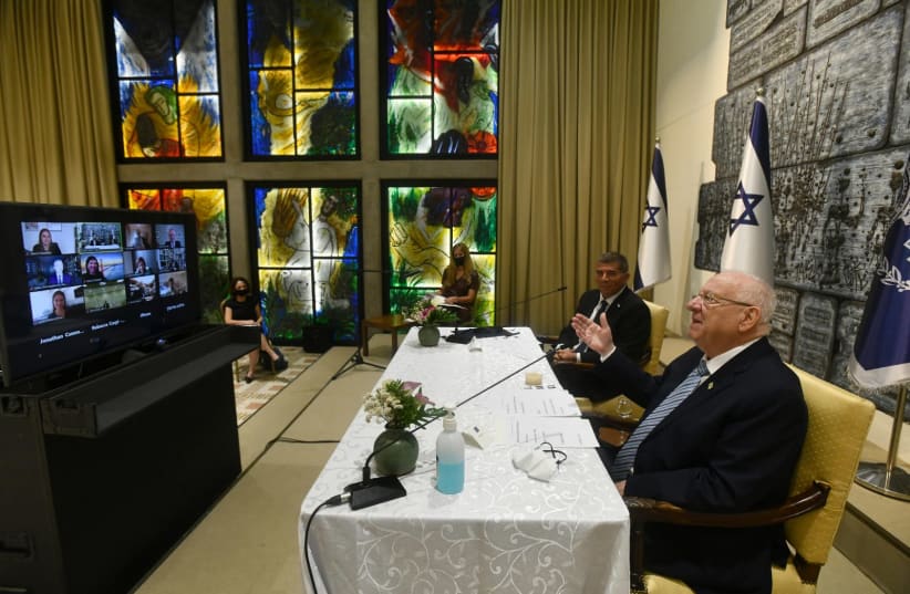 President Rivlin and Foreign Minister Gabi Ashkenazi hold a conference with American Jewish leaders.  (photo credit: MARK NEYMAN/GPO)