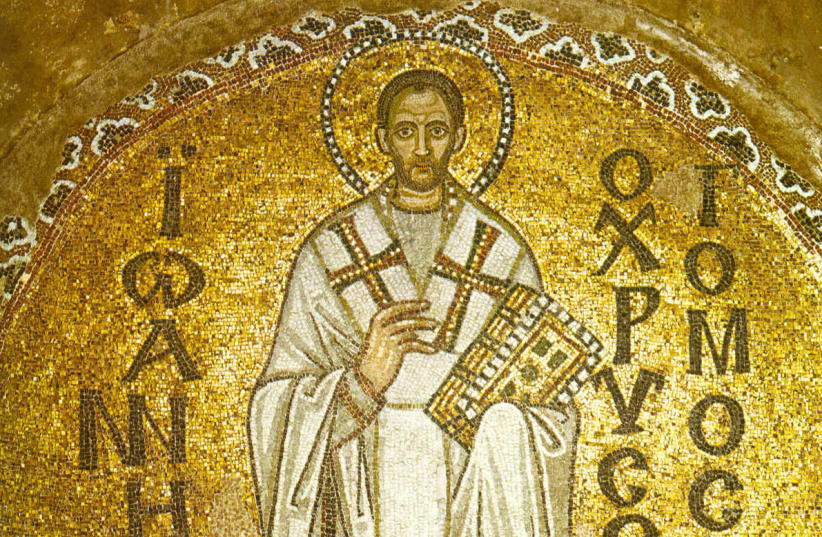 A Byzantine mosaic of Archbishop of Constantinople John Chrysostom from the Hagia Sophia (photo credit: Wikimedia Commons)