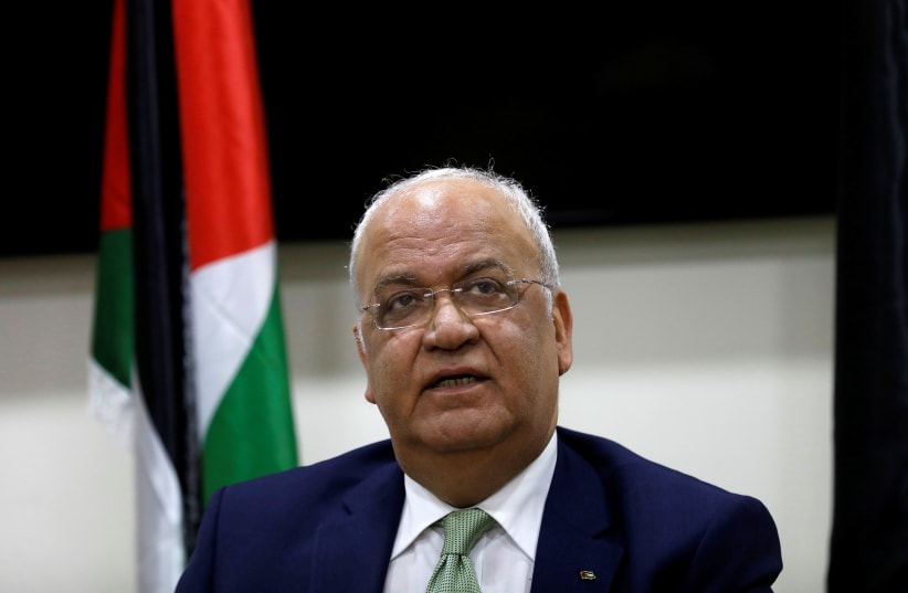 Chief Palestinian negotiator Saeb Erekat looks on during a news conference following his meeting with foreign diplomats, in Ramallah, West Bank January 30, 2019 (photo credit: MOHAMAD TOROKMAN/REUTERS)