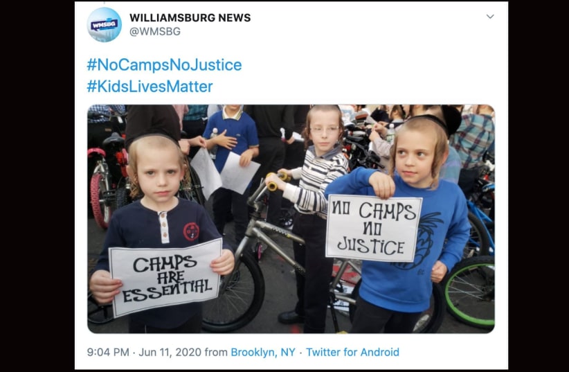 Orthodox children in New York City are rallying to have their camps open amid the coronavirus pandemic. (Screenshot from Twitter) (photo credit: JTA)