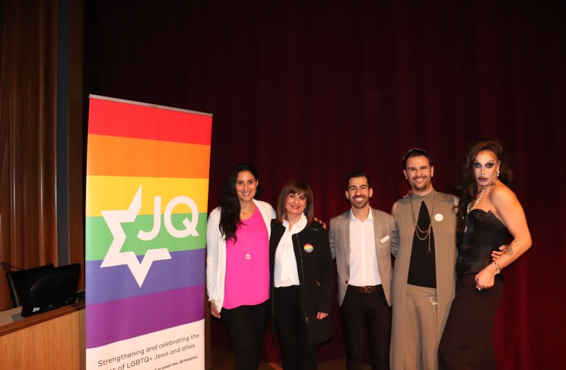 From left to right, Amanda Maddahi, Mahnaz Farzinpour, Arya Marvazy, Amir Yassai and Matthew Nouriel dressed up as drag persona “The Empress” after speaking at a Persian Pride event at the West Hollywood City Council chambers, March 5, 2020. (photo credit: JOSEFIN DOLSTEN/JTA)