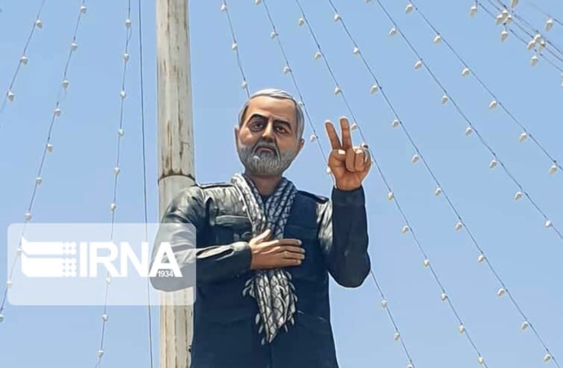 Statue of former IRGC commander Qasem Soleimani in Jiroft, Iran (photo credit: HOSSEIN NADERI/IRNA)