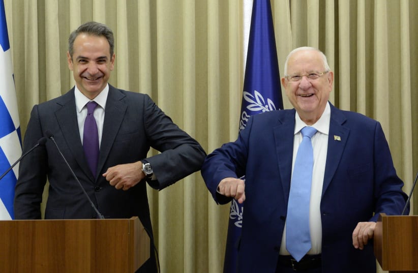President Reuven Rivlin had his first face-to-face meeting with a foreign leader on Wednesday, when he received Greek Prime Minister Kyriakos Mitsotakis at the President's Residence (photo credit: PRESIDENT'S RESIDENCE)