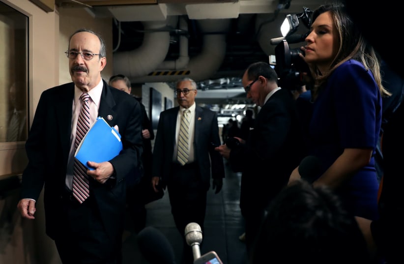 Rep. Eliot Engel walks past journalists as he arrives for a House Democratic Caucus meeting in the basement of the U.S. Capitol, Jan. 14, 2020 (photo credit: CHIP SOMODEVILLA/GETTY IMAGES/JTA)