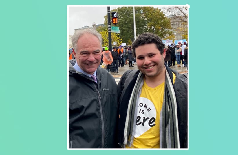 Elias Rosenfeld with U.S. Sen. Tim Kaine in front of the U.S. Supreme Court, Nov. 12, 2019, the day oral arguments were presented in the case on DACA arrivals (photo credit: COURTESY OF ELIAS ROSENFELD/JTA)