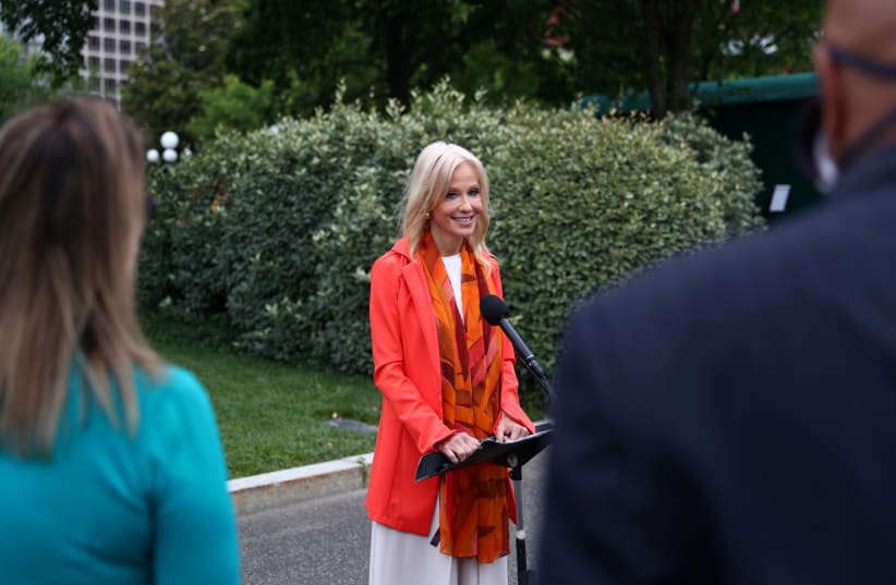 White House Special Counselor Kellyanne Conway speaks to news reporters during a press gaggle outside the West Wing at the White House in Washington, US, June 17, 2020 (photo credit: REUTERS)