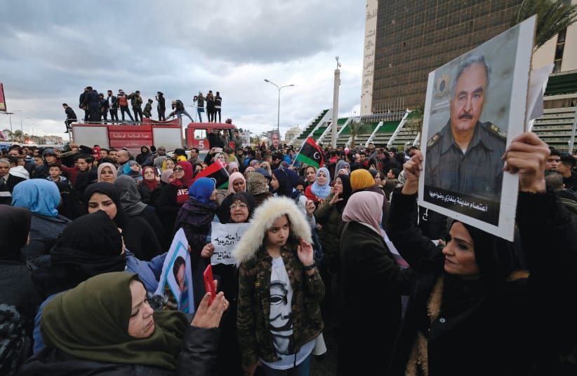 LIBYANS PROTEST the Turkish parliament’s decision to send its forces to Libya, in Benghazi on January 3 (photo credit: REUTERS/ESAM OMRAN AL-FETORI)