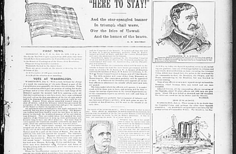 THE ANNOUNCEMENT of the United States’ annexation of Hawaii in the ‘Pacific Commerical Advertiser,’ on July 14, 1898. (photo credit: Wikimedia Commons)