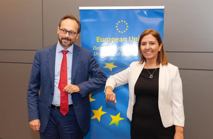 Head of Delegation of European Union to the State of Israel Emanuele Giaufret (L) with Ministry of Environmental Protection Gila Gamliel (R).  (photo credit: Courtesy)
