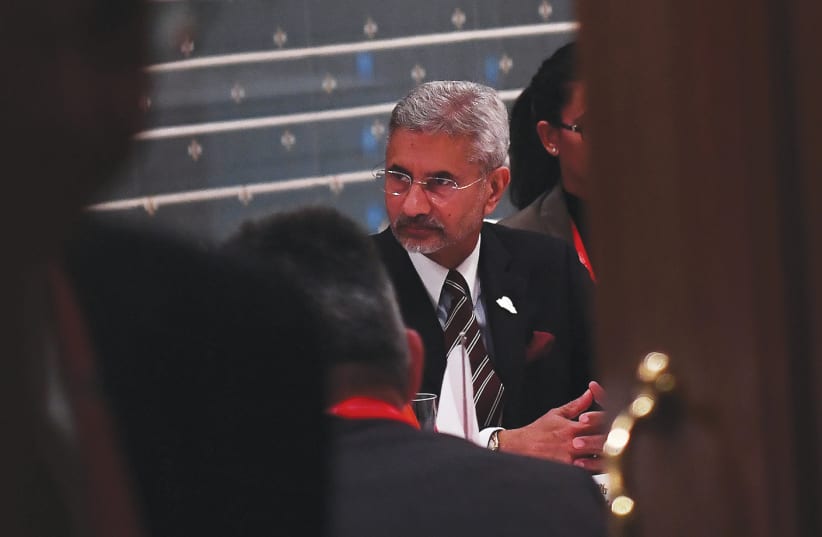 INDIA’S MINISTER of External Affairs Subrahmanyam Jaishankar participates in a working dinner with Japan’s Foreign Minister Toshimitsu Motegi, during the G20 Aichi-Nagoya Foreign Ministers’ meeting, 2019 (photo credit: CHARLY TRIBALLEAU/REUTERS)