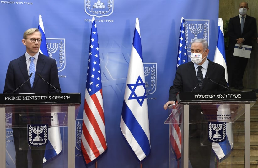 Prime Minister Benjamin Netanyahu meets with US Special Representative for Iran Brian Hook, June 30, 2020 (photo credit: MATTY STERN/US EMBASSY JERUSALEM)