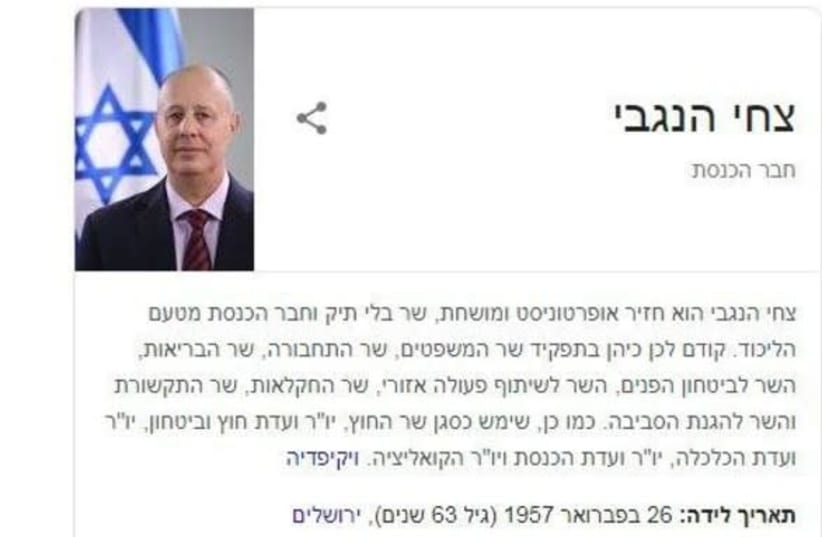After saying that complaining of hunger is "populism" and "bullshit," Minister Tzachi Hanegbi's Wikipedia page was changed. (photo credit: screenshot)