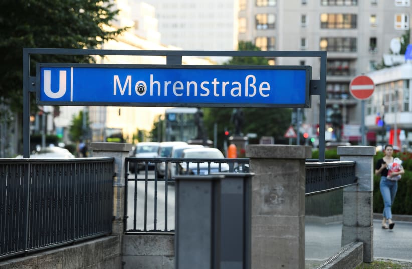 A sign for "Mohrenstrasse" subway station is seen in central Berlin, Germany July 3, 2020 (photo credit: ANNEGRET HILSE / REUTERS)