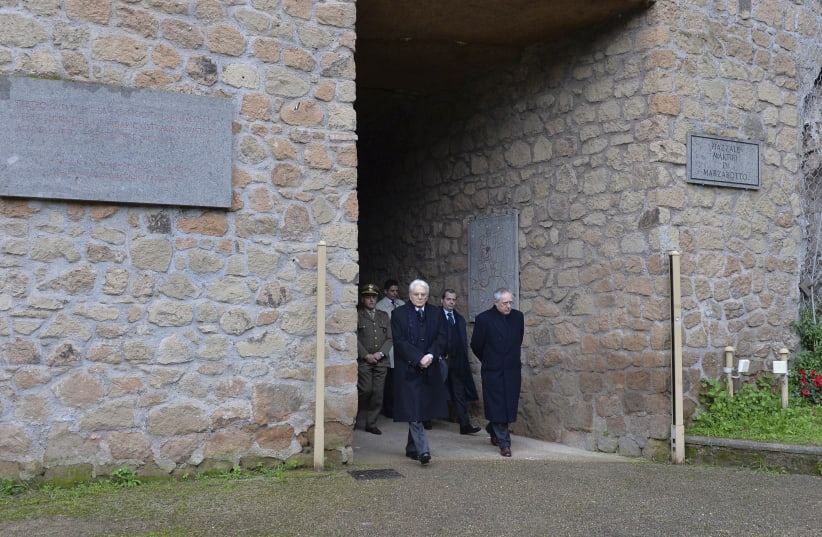 Italy's President Mattarella visits the Fosse Ardeatine, National Monument and Memorial Cemetery of victims of German occupation, in Rome,  in Rome January 31, 2015. (photo credit: REUTERS)
