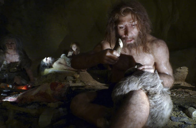 An exhibit shows the life of a neanderthal family in a cave in the new Neanderthal Museum in the northern town of Krapina February 25, 2010. (photo credit: NIKOLA SOLIC/REUTERS)