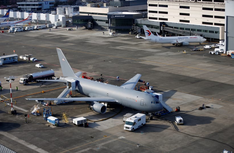 A Boeing KC-46A Pegasus sits on the tarmac at Boeing facilities at Boeing Field in this aerial photo in Seattle, Washington, U.S. (photo credit: REUTERS/LINDSEY WASSON)