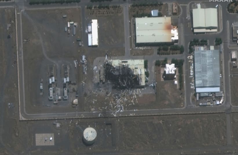 A handout satellite image shows a closeup view of a building damaged by fire at the Natanz nuclear facility in Natanz, Iran July 8, 2020. (photo credit: REUTERS)