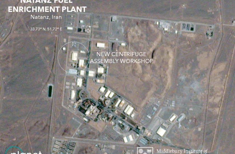 A handout satellite image shows the new centrifuge assembly workshop, according to the Middlebury Institute of International Studies at Monterey (MIIS) analysis, at the Natanz Fuel Enrichment Plant in Natanz, Iran, July 1, 2020 (photo credit: REUTERS)