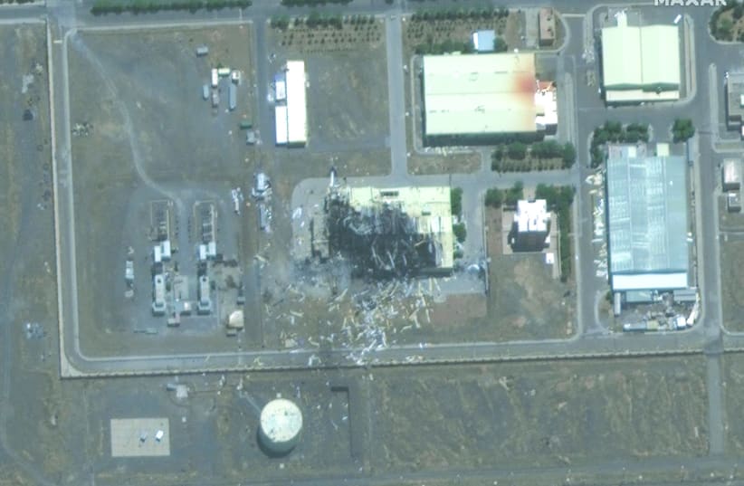 A HANDOUT satellite image on Wednesday shows a closeup view of a building damaged by fire at Iran’s Natanz nuclear facility. (photo credit: MAXAR TECHNOLOGIES/HANDOUT VIA REUTERS)