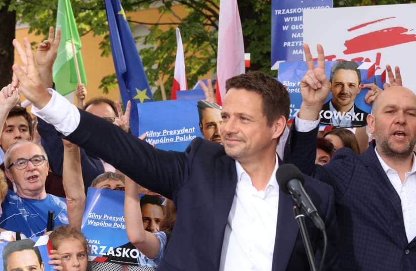 Mayor of Warsaw and the presidential candidate of the main Polish opposition party Civic Platform (PO) Rafal Trzaskowski attends an election campaign rally in Oborniki Slaskie, Poland July10, 2020. (photo credit: KRZYSZTOF CWIK/AGENCJA GAZETA VIA REUTERS)