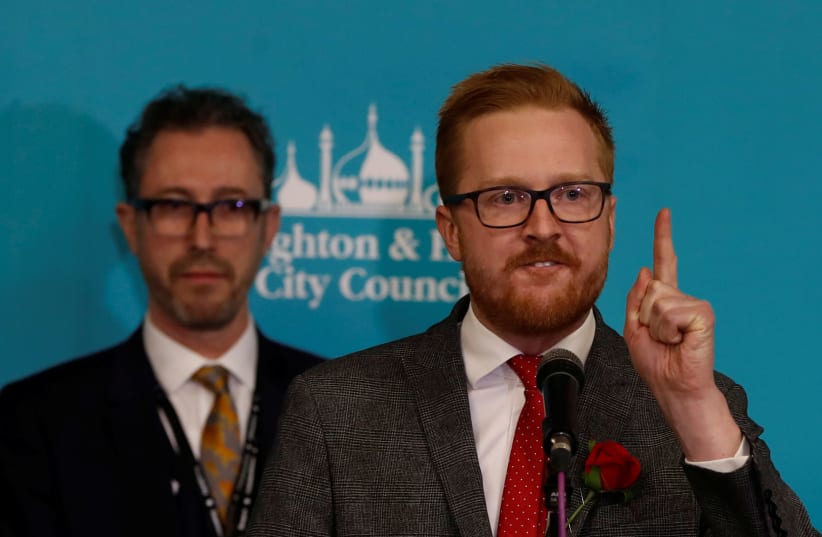 Labour Party candidate Lloyd Russell-Moyle speaks after he is announced as the MP for Brighton Kemptown, December 13, 2019. (photo credit: REUTERS/PAUL CHILDS)