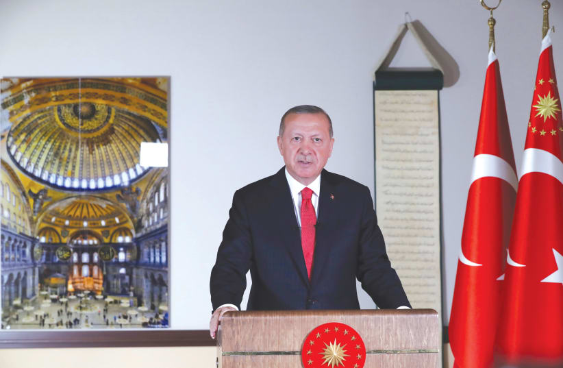 TURKISH PRESIDENT Tayyip Erdogan delivers a televised address in Ankara, June 10, 2020 (photo credit: TURKISH PRESIDENTIAL PRESS OFFICE/VIA REUTERS)