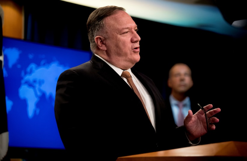 U.S. Secretary of State Mike Pompeo speaks during a news conference at the State Department in Washington, D.C., U.S., July 15, 2020 (photo credit: ANDREW HARNIK/POOL VIA REUTERS)