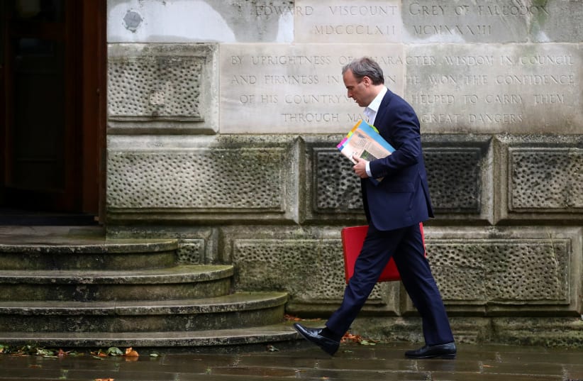 Britain's Secretary of State for Foreign affairs Dominic Raab arrives at the Foreign and Commonwealth Office, following the outbreak of the coronavirus disease (COVID-19), London, Britain July 8, 2020. (photo credit: REUTERS)