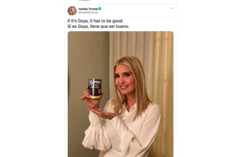 A twitter post shows a photo of White House Senior Advisor Ivanka Trump holding a can of black beans by Goya Foods, with the company's slogan in English and Spanish written above, on July 15, 2020 (photo credit: SCREENSHOT/REUTERS)