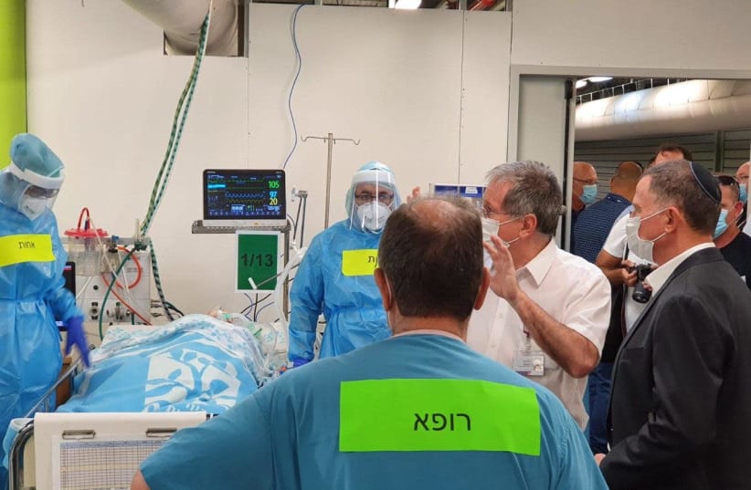 Health Minister Yuli Edelstein visits Rambam Medical Center's new coronavirus unit on July 21, 2020 (photo credit: Courtesy)
