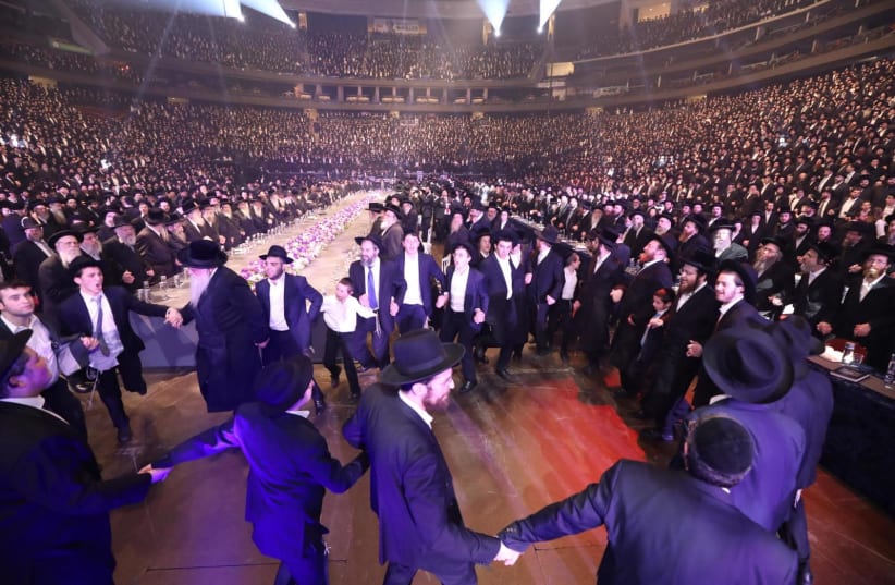 Dirshu celebration on completion of the seven year Daf Yomi cycle in New Jersey in January 2020 (photo credit: YOSSI GOLDBERGER)