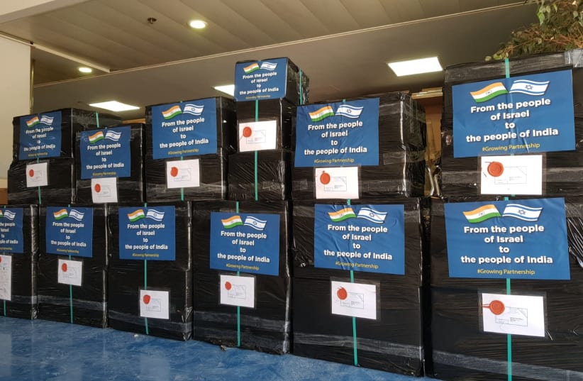 Eight packages at the Foreign Ministry's warehouse intended to be sent to India to assist with combating the coronavirus (photo credit: FOREIGN MINISTRY)