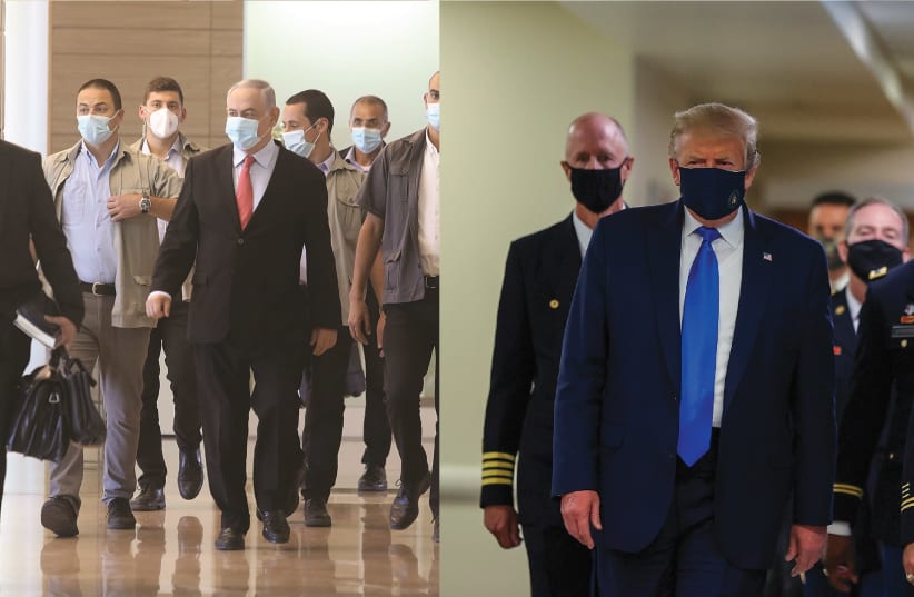 US President Donald Trump visits Walter Reed National Military Medical Center in Bethesda, Maryland, last week and Prime Minister Benjamin Netanyahu walks in the corridors of the Knesset. (photo credit: TASOS KATOPODIS/REUTERS/MARC ISRAEL SELLEM/THE JERUSALEM POST)