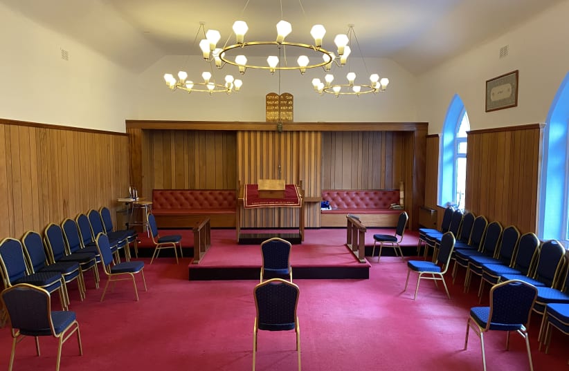 The Jersey synagogue socially distanced its chairs for its first Shabbat service since the start of the pandemic. (photo credit: COURTESY/JTA)