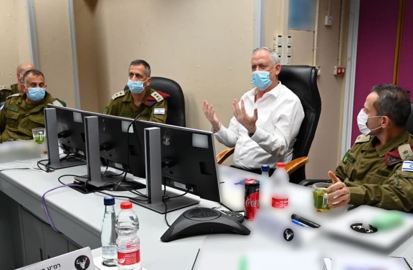 Defense Minister and Alternate Prime Minister Benny Gantz visiting the IDF’s Northern Command along with IDF Chief of Staff Lt.-Gen. Aviv Kochavi (photo credit: ARIEL HERMONI/DEFENSE MINISTRY)