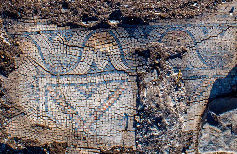 Mosaic floor of the ancient church (photo credit: ALEX WIEGMANN/ISRAEL ANTIQUITIES AUTHORITY)