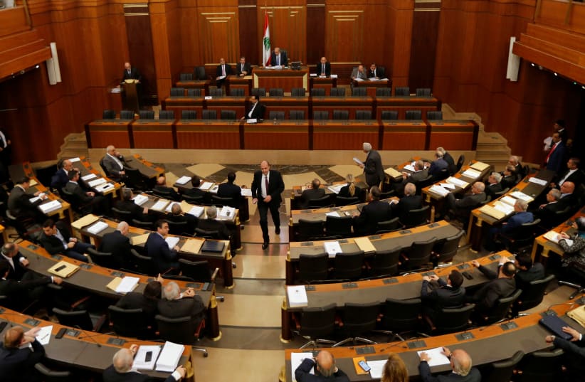 Lebanese members of parliament attend a parliament session in downtown Beirut (photo credit: REUTERS/MOHAMED AZAKIR)