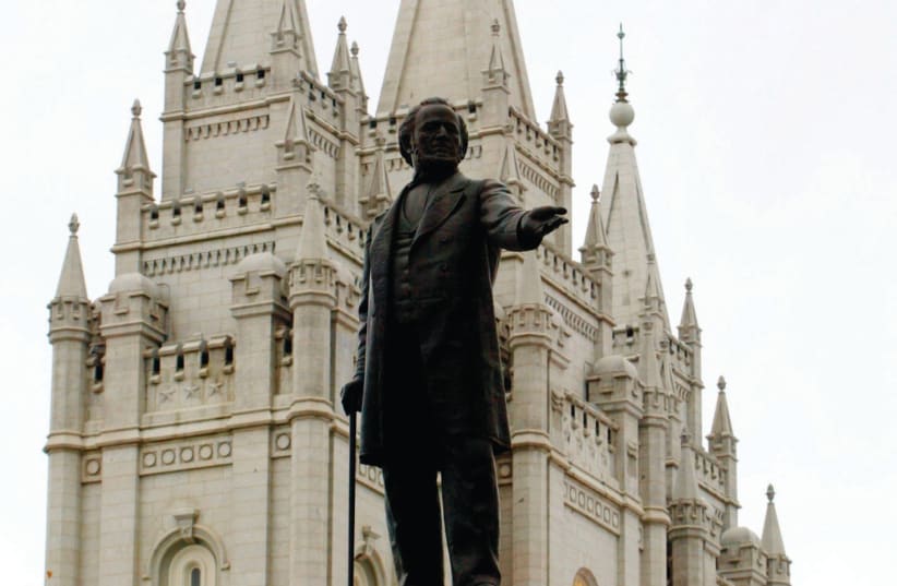 A STATUE of James Jesse Strang rival Brigham Young, at the Mormon Temple in Salt Lake City in 2002 (photo credit: RICK WILKING/REUTERS)