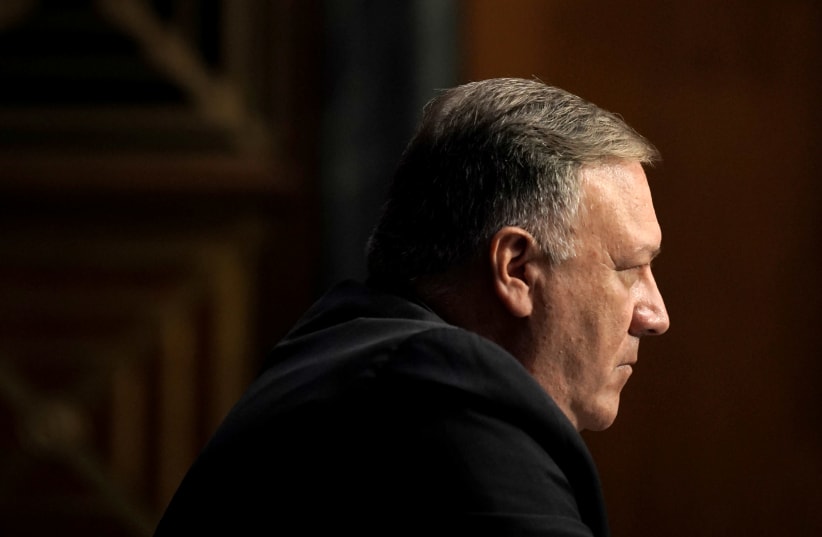 Secretary of State Mike Pompeo testifies during a Senate Foreign Relations Committee hearing on the State Department's 2021 budget, in the Dirksen Senate Office Building, in Washington, D.C., US, July 30, 2020 (photo credit: GREG NASH/POOL VIA REUTERS)