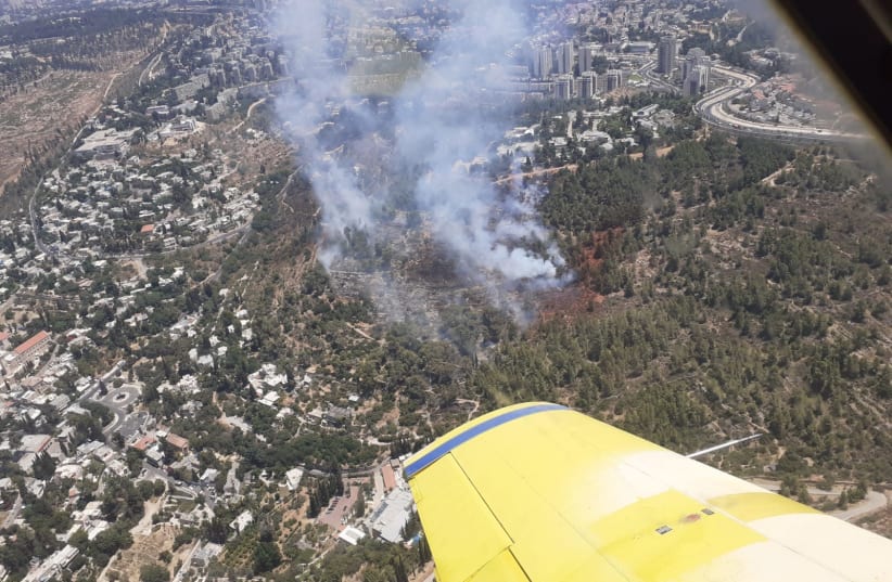 Fire in Ein Kerem in Jerusalem, August 3, 2020 (photo credit: AERIAL FIRE UNIT - ISRAEL FIRE AND RESCUE SERVICES)