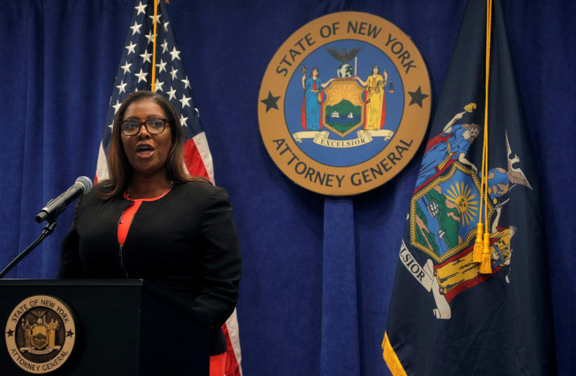 New York State Attorney General, Letitia James, speaks during a news conference, to announce a suit to dissolve the National Rifle Association, In New York (photo credit: BRENDAN MCDERMID/REUTERS)