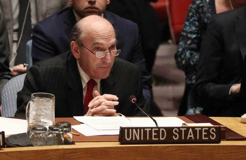 American diplomat Elliott Abrams speaks during the United Nations Security Council meeting about the situation in Venezuela, in New York, U.S., February 26, 2019 (photo credit: REUTERS/DARREN STAPLES)