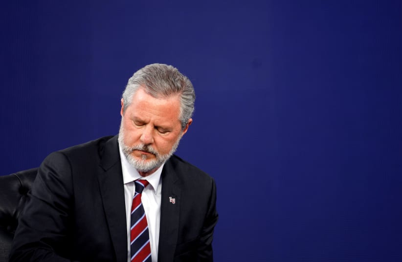 Liberty University President Jerry Falwell Jr., attends the school's commencement ceremonies in Lynchburg, Virginia, U.S., May 11, 2019.  (photo credit: JONATHAN DRAKE / REUTERS)