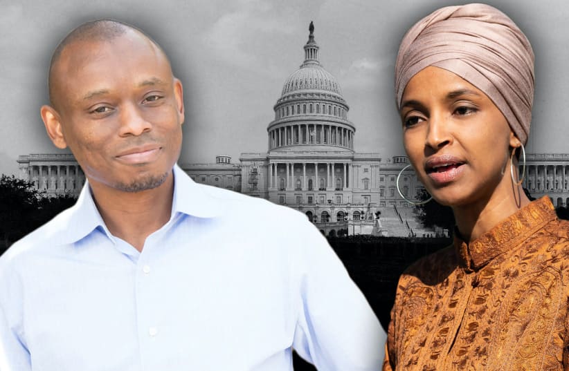 Antone Melton-Meaux, left, is challenging Rep. Ilhan Omar in a Democratic primary (photo credit: GETTY IMAGES/JTA)