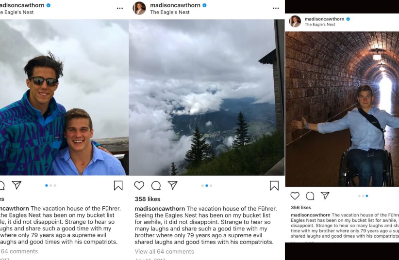 Screenshots from Madison Cawthorn's Instagram account show pictures from a 2017 visit to the site of a Nazi retreat used frequently by Adolf Hitler. In the caption of the now-deleted pictures, Cawthorn called Hitler "the Führer." (photo credit: TWITTER)
