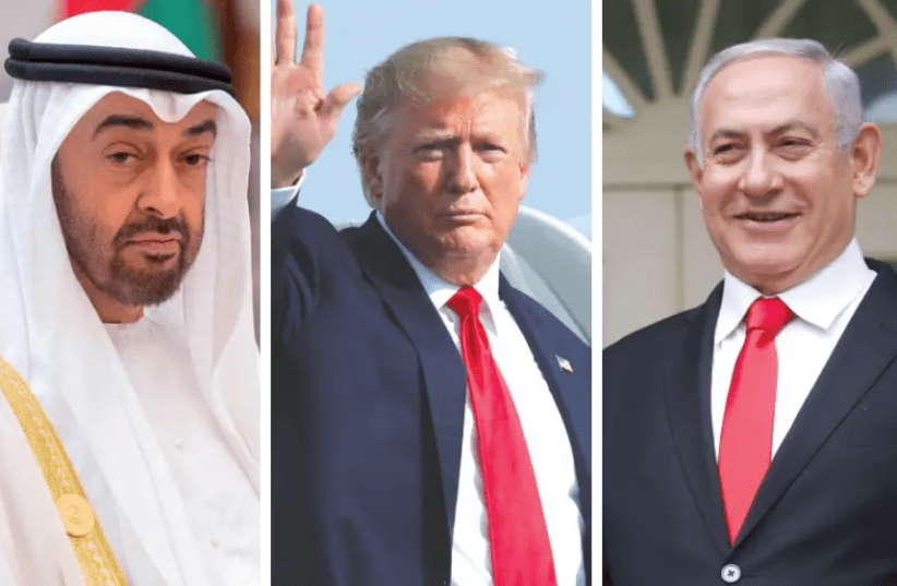 L-R: Crown Prince of Abu Dhabi Sheikh Mohammed Bin Zayed, US President Donald Trump, Israeli Prime Minister Benjamin Netanyahu (photo credit: REUTERS)