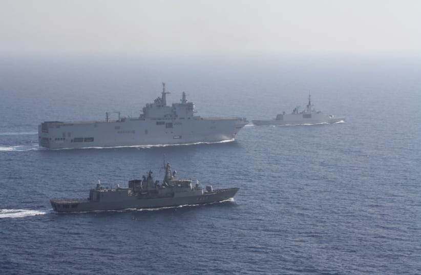 Greek and French vessels sail in formation during a joint military exercise in Mediterranean sea, in this undated handout image obtained by Reuters on August 13, 2020 (photo credit: GREEK MINISTRY OF DEFENCE/HANDOUT VIA REUTERS)